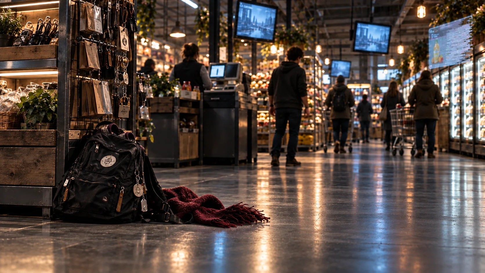 Alices schwarzer Rucksack liegt am Fuss einer Auslage im Altmarkt. Ihr dunkler Wollschal liegt daneben; die übrigen Kunden bewegen sich weiter.