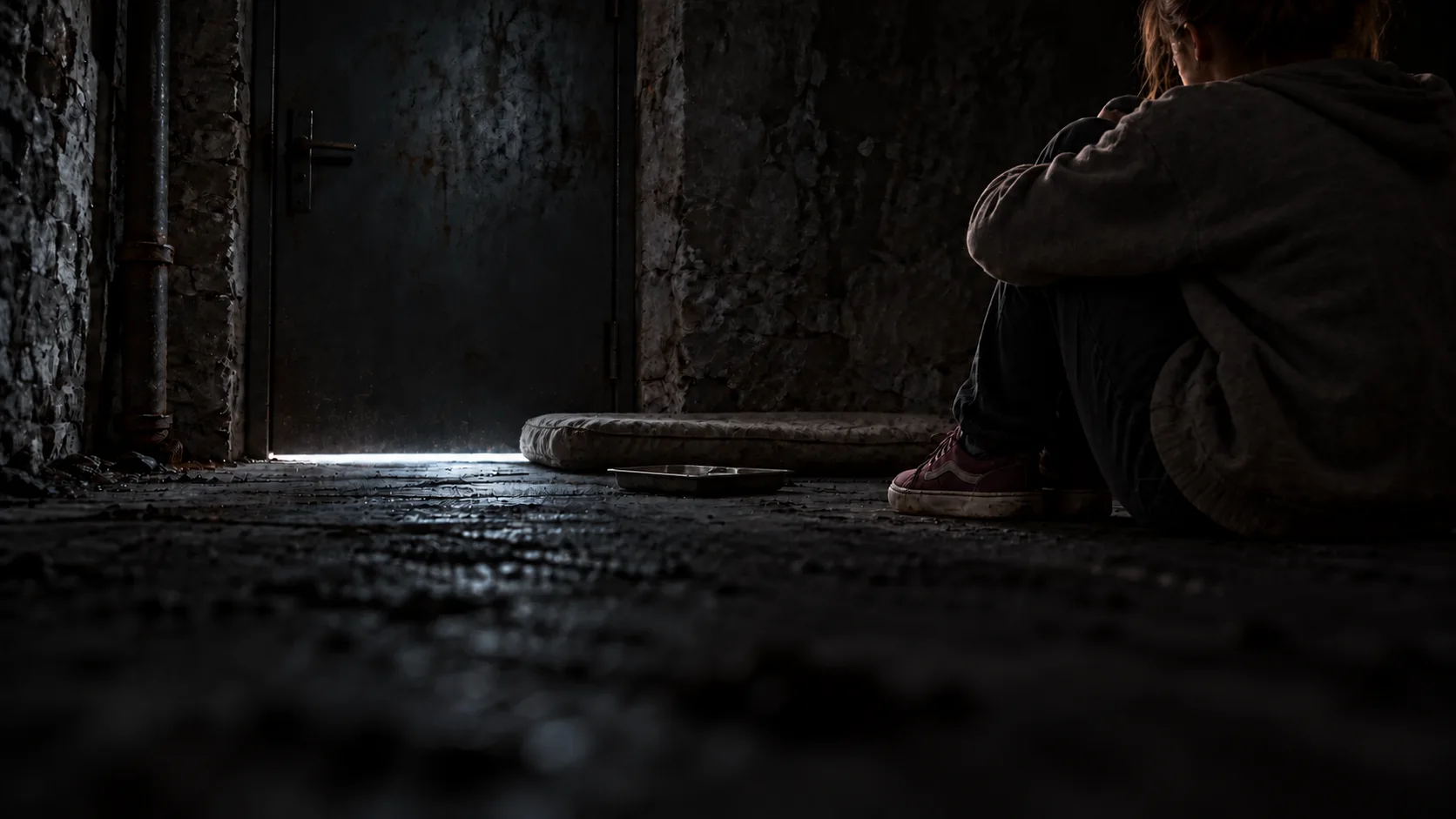 Alice sitzt im dunklen Keller mit angezogenen Knien und den Armen darum. Gegenüber liegen eine dünne Matratze und ein Tablett auf dem Boden; unter der Tür fällt etwas Licht ein.