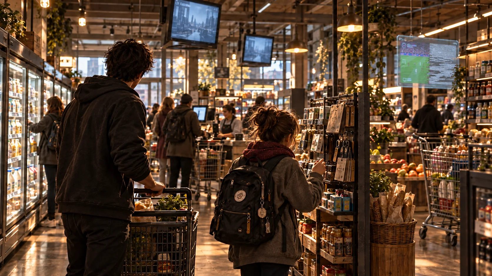 Alice und Caleb stehen mit dem Rücken zur Kamera in einem warm beleuchteten Supermarkt. Über der Kasse hängen ältere Monitore von der Decke. Eine Frau bedient darunter die wartenden Kunden; über den Kühlregalen ist ein gestörtes Sportbild zu sehen.